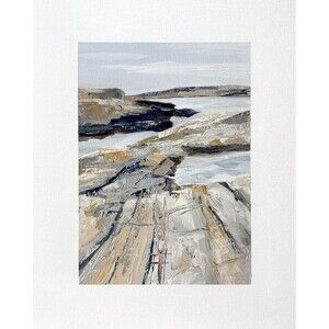 8x10 Maine Original Oil Landscape Painting Rock Coast Neutral Ocean Art Signed